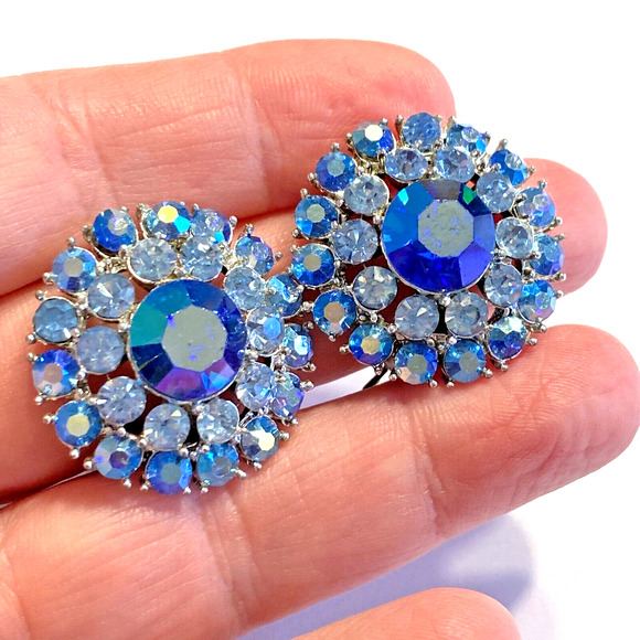 Vintage Clip On Earrings Silver & Blue AB Rhinestone Rounds Signed Amerique - Picture 5 of 7